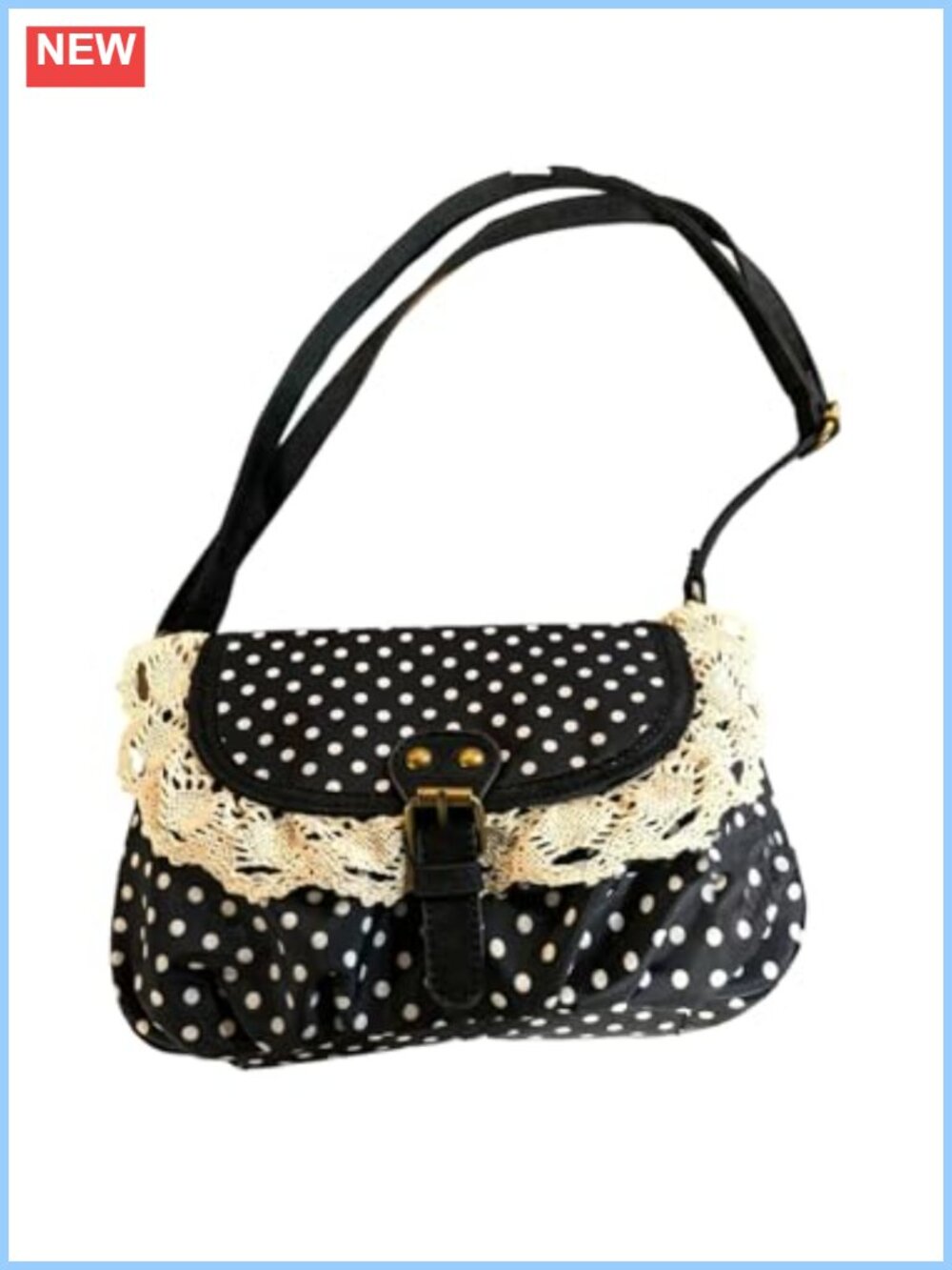Polka Dots Crossbody Bag Lace Trim Adjustable Strap Metal Buckle Flap Purse
